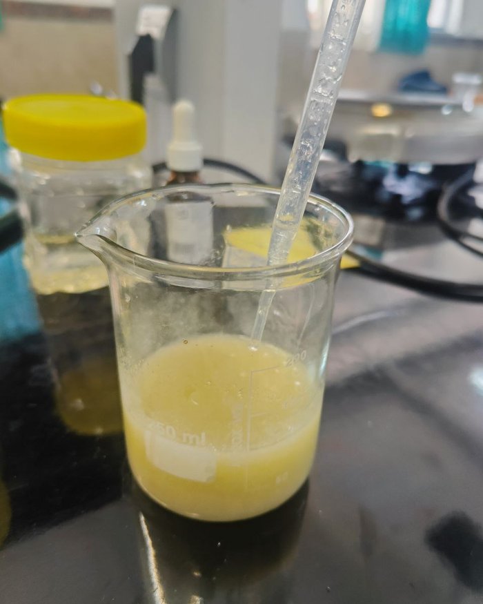 The prepared herbal nanogel in a beaker with a glass stirring rod